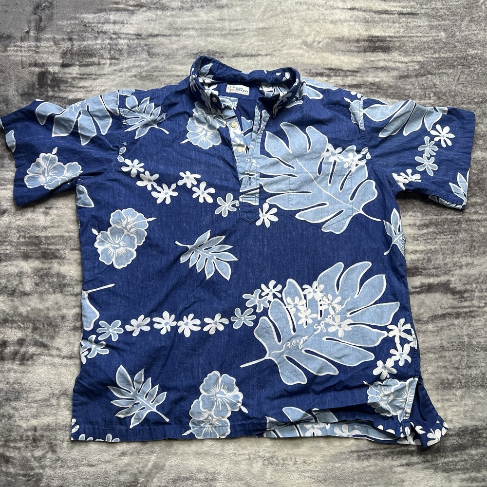 Reyn Spooner Shirt Mens XL Blue Chambray Hawaiian Floral Short Sleeve Aloha